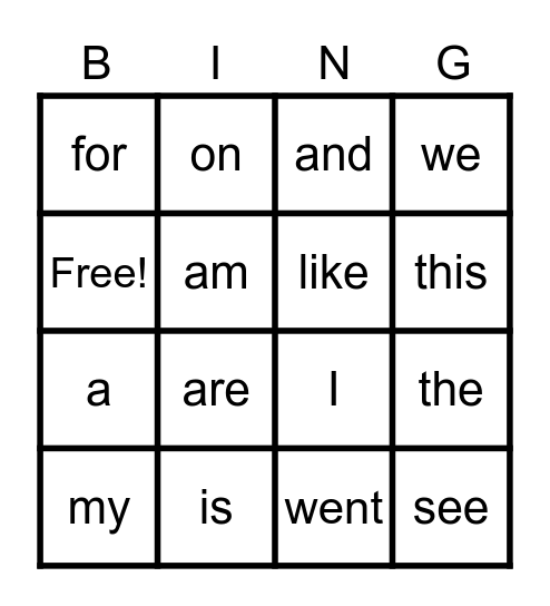 Sight Words Bingo Card