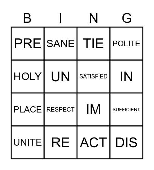 Prefix Bingo Card