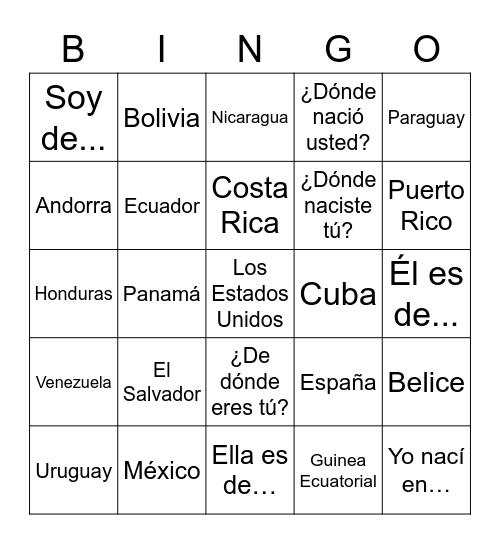 Los Países Hispanohablantes y las capitales Bingo Card