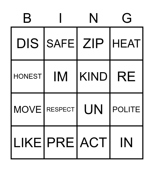 Prefix Bingo Card