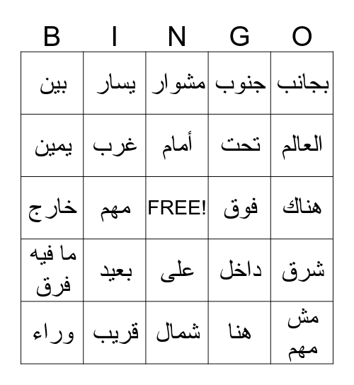 Spatial relationships Bingo Card