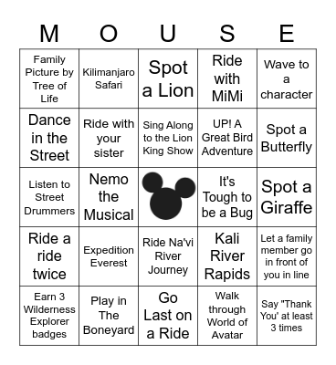 Disney's Animal Kingdom Bingo Card