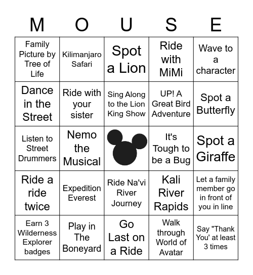 Disney's Animal Kingdom Bingo Card
