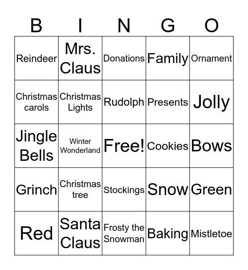 Christmas Vocabulary Bingo Card