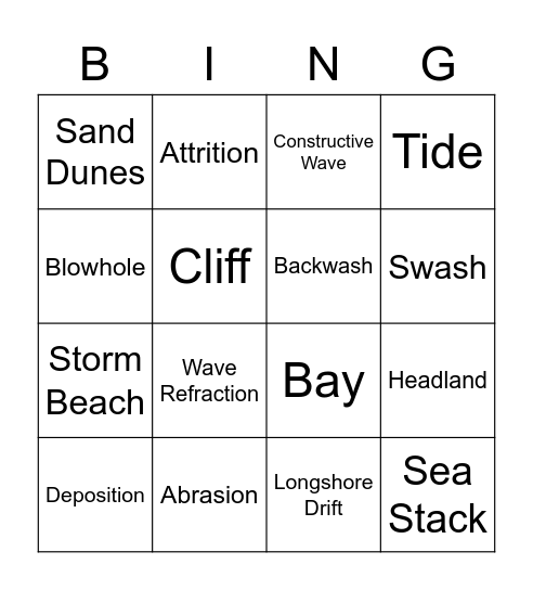 Coastal Processes Bingo Card