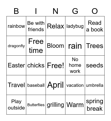 Spring Break Bingo Card