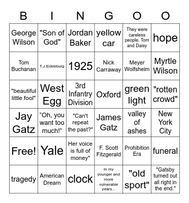 The Great Gatsby Bingo Game! Bingo Card
