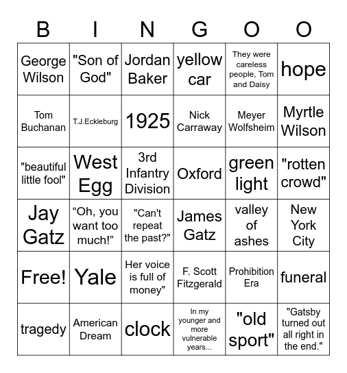 The Great Gatsby Bingo Game! Bingo Card