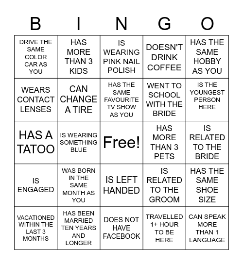 FIND THE GUEST Bingo Card