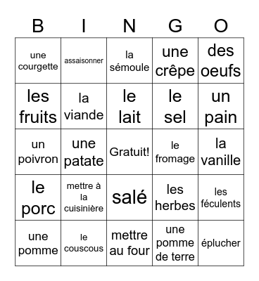 Les aliments Bingo Card