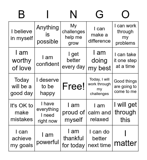 Positive Affirmation Bingo Card