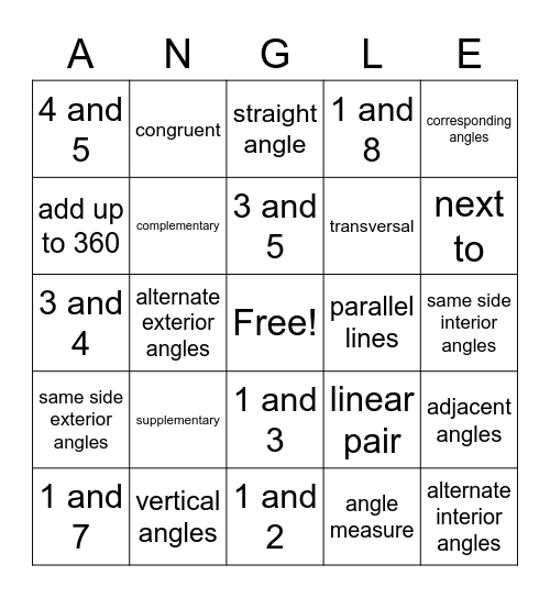 Transversals Angle Bingo Card