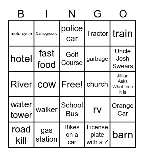 road trip Bingo Card