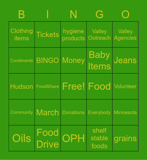 Valley Outreach Bingo Card