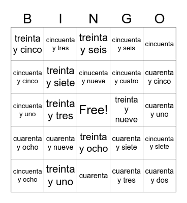 Numbers (31-60) Bingo Card