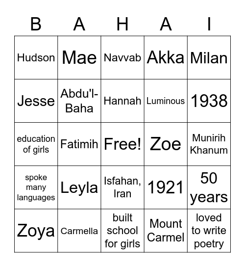 Munirih Khanum Bingo Card