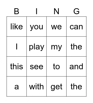 Sight Words Bingo Card