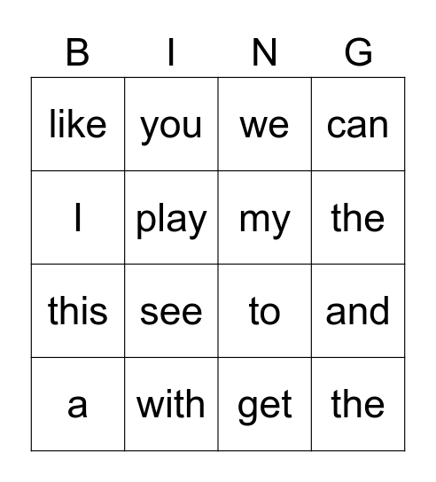 Sight Words Bingo Card