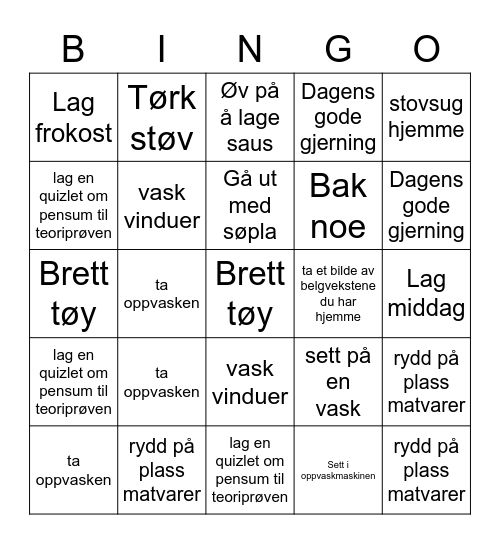 Mat og helse Bingo Card