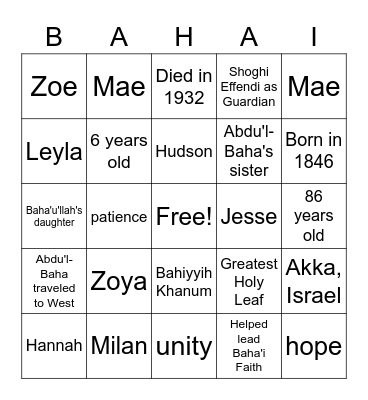 Bahiyyih Khanum Bingo Card