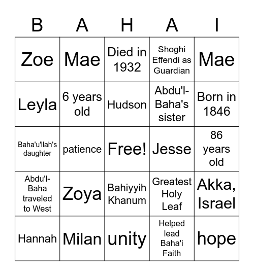 Bahiyyih Khanum Bingo Card