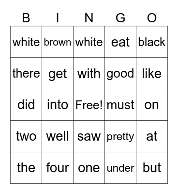 Sight Words Bingo Card