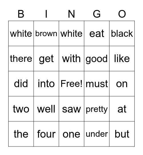 Sight Words Bingo Card