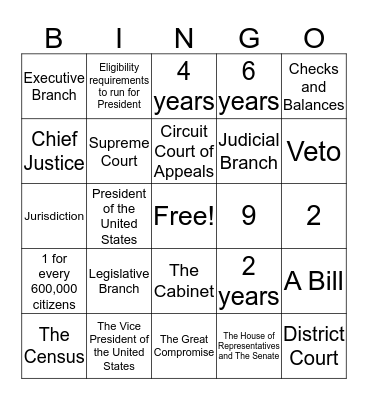 Branches of Government Bingo Card