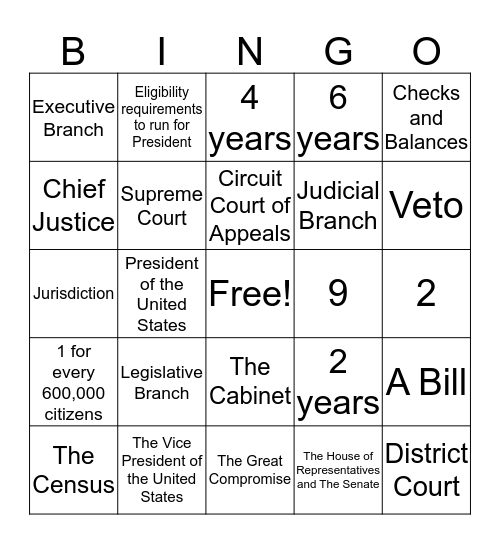 Branches of Government Bingo Card