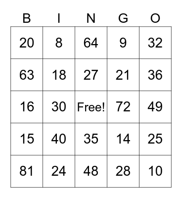 Multiplication Bingo Card
