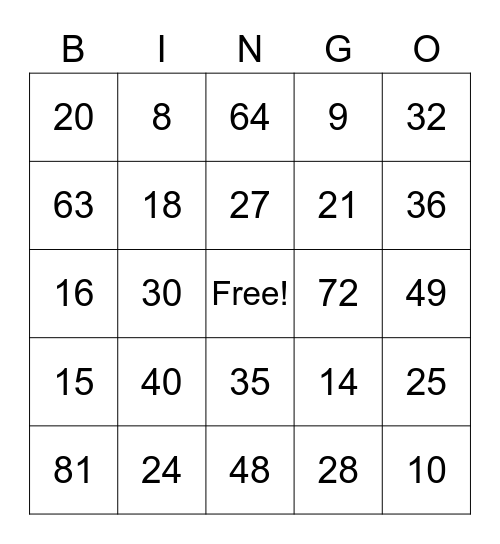Multiplication Bingo Card