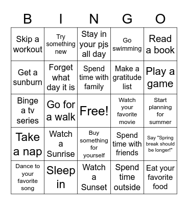 Spring Break Bingo Card