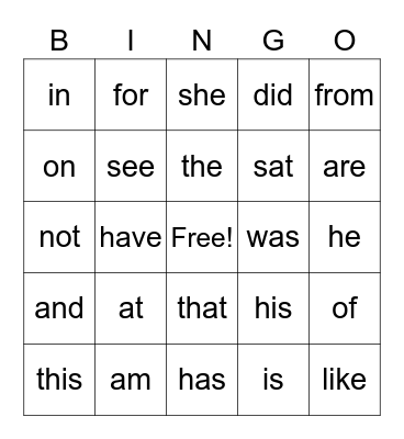 Sight Words Bingo Card