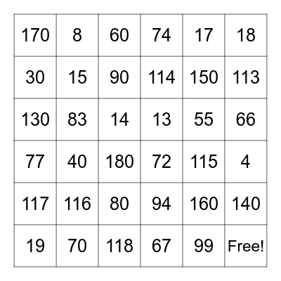 Number Bingo Card