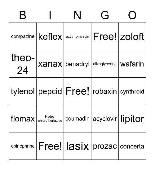 Common Meds Miss D's Class Bingo Card