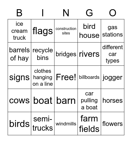 Road Trip Bingo Card