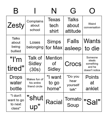 Ethan Bingo Card
