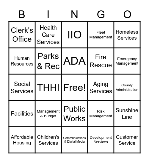 Department Bingo Game Bingo Card