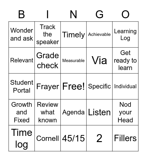 AVID Bingo Card