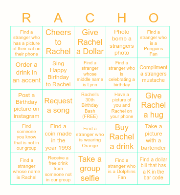 Rachel's 30th Birthday Bingo Card