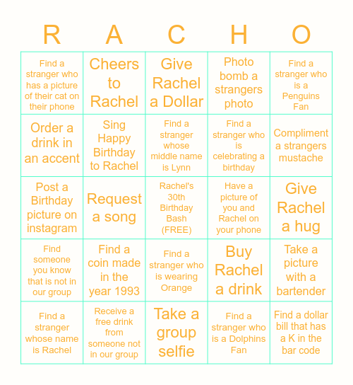 Rachel's 30th Birthday Bingo Card