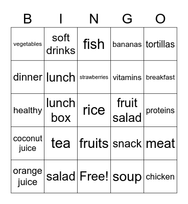 La comida Bingo Card