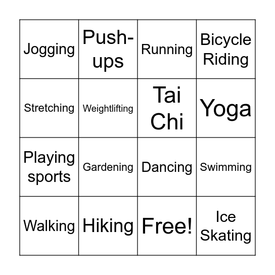 Physical Activity Bingo Card