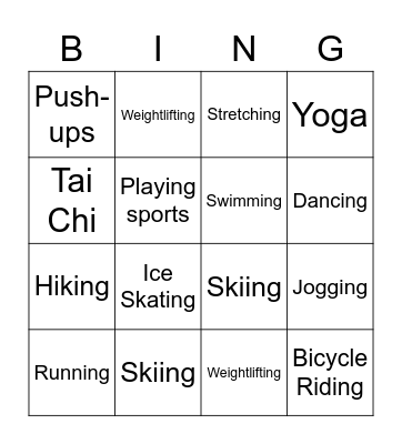 Physical Activity Bingo Card