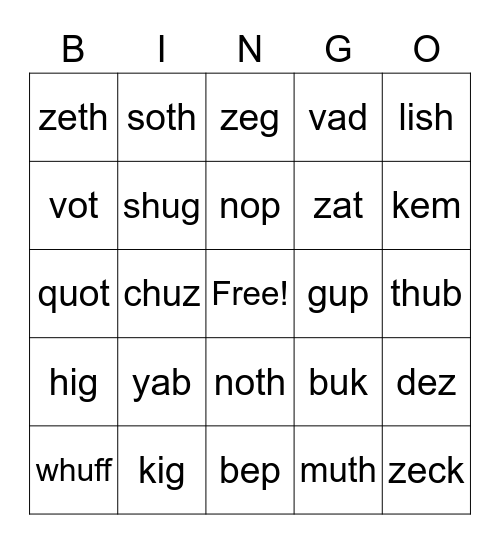 nonsense words Bingo Card