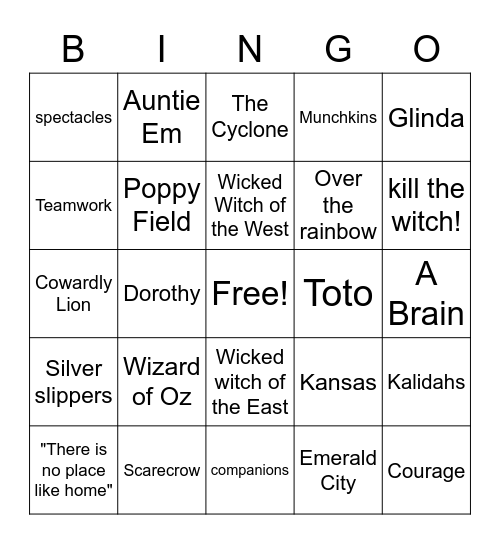 Wizard Of Oz / book & movie Bingo Card