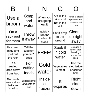 Food safety Bingo Card