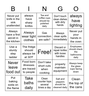 Food Safety Bingo Card