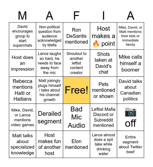 Leftist Mafia Bingo Card