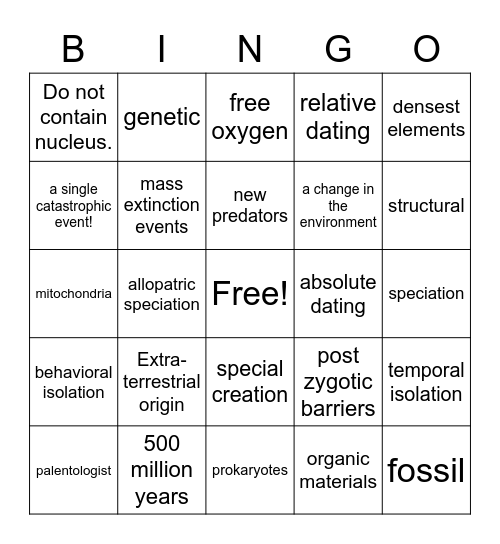 Evolution Unit Review Bingo Card